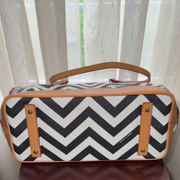 Dooney & Bourke Chevron Tote - Black and White with Tan Leather Trim - Picture 8 of 13